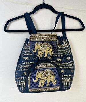 Small Thai Silk Tapestry Elephant Backpack Blue Gold Rucksack Boho